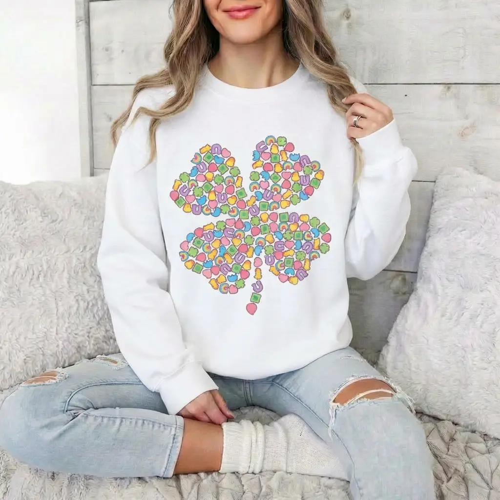 Shamrock Cereal Graphic Sweatshirt for Women, Casual St. Patrick's Day Long Sleeve Oversized Cotton Crewneck, Apparel, Fit