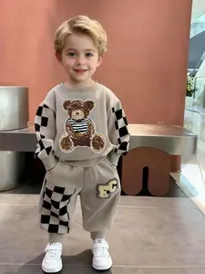 2pcs Baby Toddler Cartoon Bear Long Sleeve Fitted Cut Two-Piece Set, Spring & Fall Fashion for Boys & Girls, Casual Wear