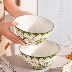 2 pieces of 7.5-inch ceramic soup bowls, French style with floral patterns in a green color scheme, suitable for serving fruit salad, meat broth, and other foods. Ideal for themed parties, microwave-safe, and dishwasher-friendly