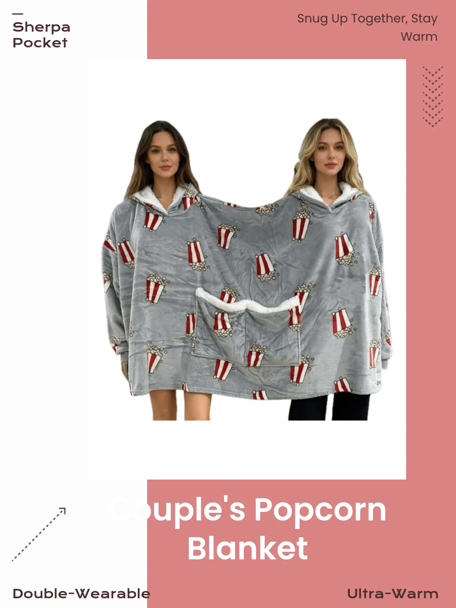 Women's Sports Pullover Hoodie Blanket - 2-Person Flannel Soft Thick Printed Lazy Homewear, Outdoor Couple's Popcorn Design Sweat Suit Accessory