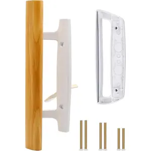 Sliding Glass Patio Door Handle Replacement Set, Oak Wood Inside Handles, Zinc Diecast Outside Pull, 3-15/16" Hole Spacing, Non-Handed, White