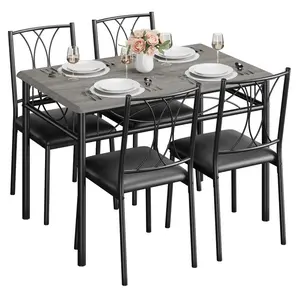 Grey Dining Table Set for 4 with Cushion Chairs, 5 Piece Kitchen Table and Upholstered Chairs Rectangular, Wood Dinning Room Table Furniture Set for Kitchen Apartment