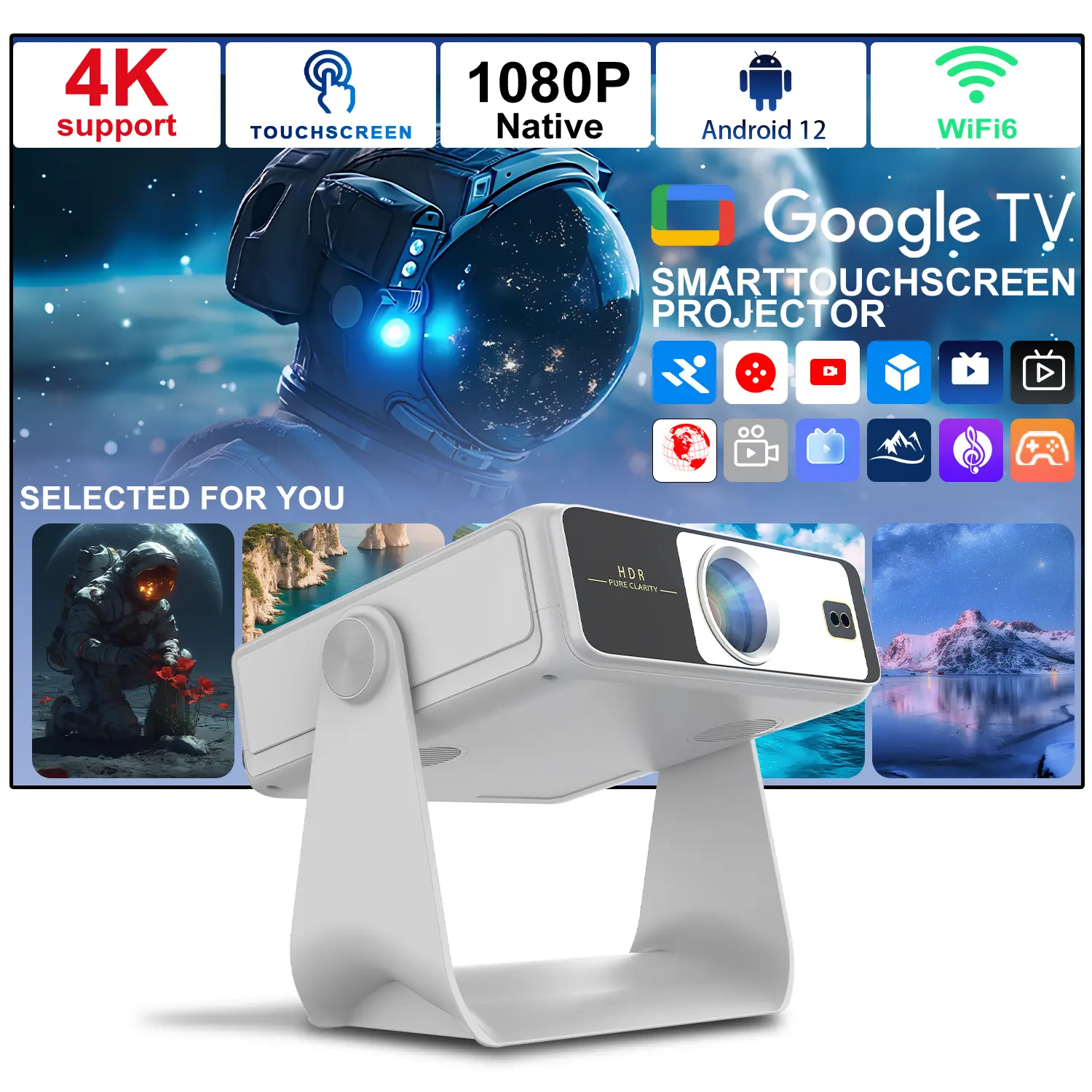 Portable Touch Screen Projector, 1080P Full HD, WiFi 6 Bluetooth 5.2, Auto Focus Keystone, Smart Phone Mirroring, Android 4K, 180° Rotation, Built-in Speaker, Indoor Outdoor Camping