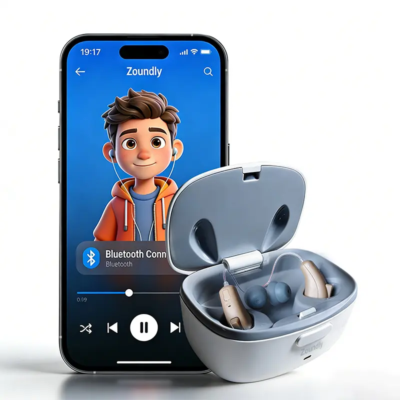 FDA OTC Rechargeable Bluetooth Behind The Ear Hearing Aids Digital Noise Canceling Hearing Amplifier with Fast Charging Case for Elder Hard of Hearing Users