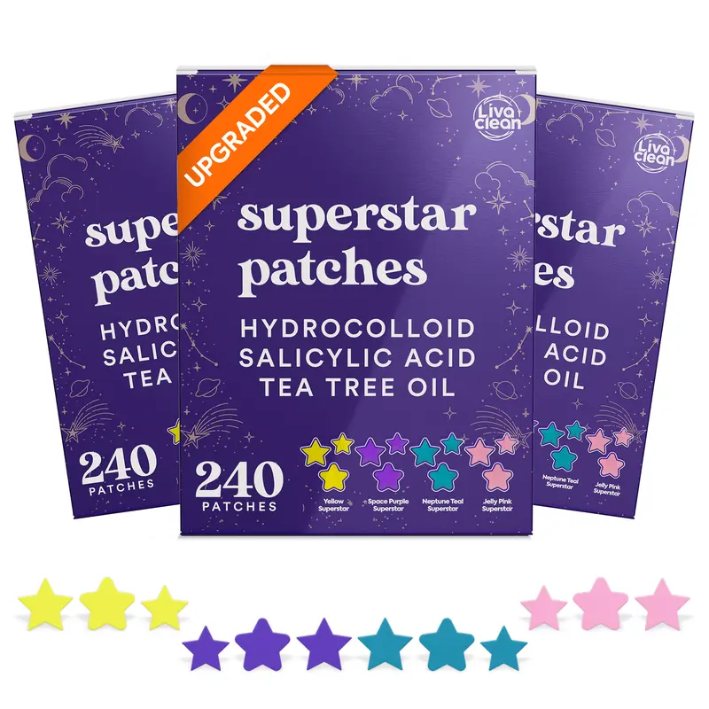 LivaClean 720-Count (3 PK of 240) Superstar Acne Zit Patches - Salicylic Acid & Tea Tree, Adhesive Facial Patch Acne Treatments, Daily Blemish Repair for All Skin Types