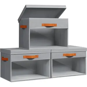 Large Storage Bins with Lids - 4 Pack Foldable Decorative Organizers with Clear Windows & Handles, Cube Storage Organizers for Clothes, Blankets, Sweaters, Sheets, Light Gray