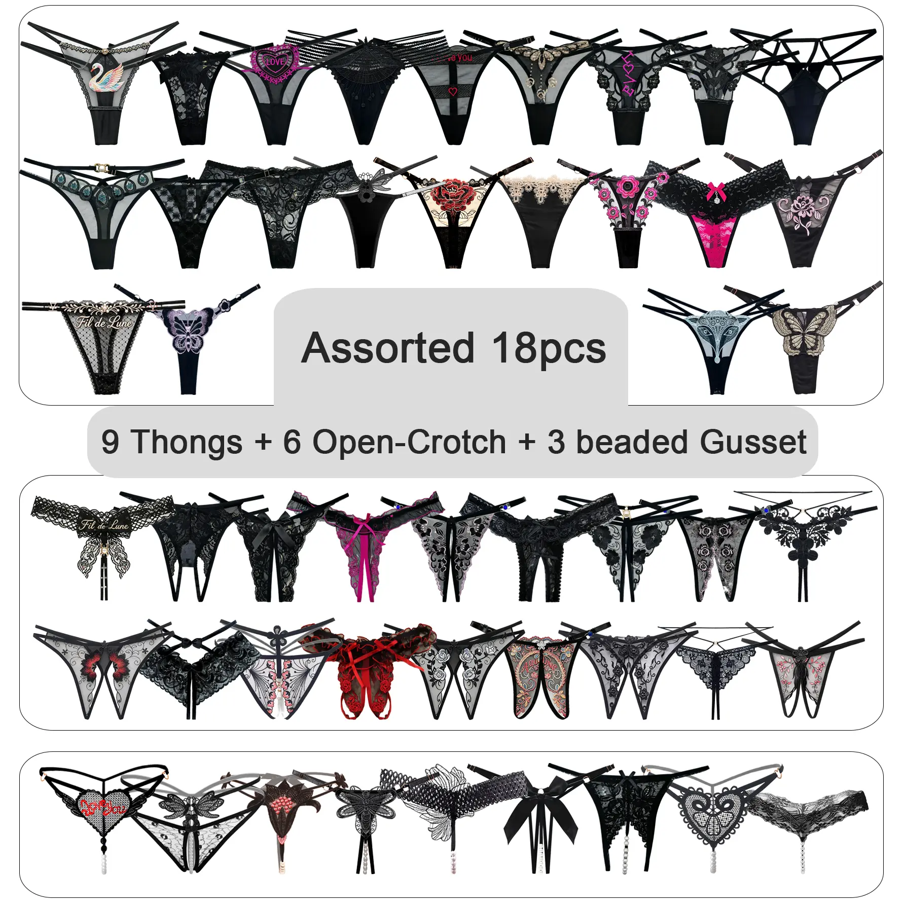 Women's Assortment Underwear Pack (18 Pieces: 9 Thongs, 6 Crotchless, 3 Beaded Gusset) - Adjustable Strap Waistband, Breathable, Soft, Floral Patch, Smooth, Fitted Seamless Panties, Polyamide Mix Lingerie, Intimate Romantic Gifts for Her