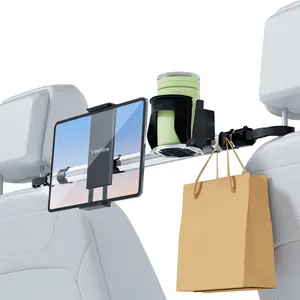 2-in-1 Car Backseat Tablet Holder with Cup Mount, Universal RV/Trailer Headrest Mount for iPad & iPhone, 360° Rotatable Rear Seat Entertainment Stand for Kids