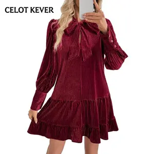 CELOT KEVER New Christmas Style Elegant RetroBlack Friday Short Bow Collar Velvet Dress Casual Fit Christmas, Thanksgiving, Western fashion
