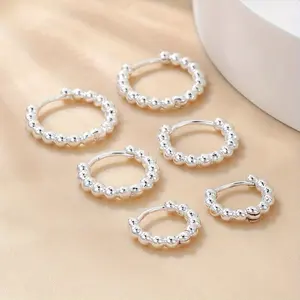 3 Pairs Silver Beaded Huggie Hoop Earrings – Multi-Size Smooth Tiny Ball Bead Hoops, Hypoallergenic Nickel-Free Stackable Jewelry for Cartilage Daily Party Vacation & Gift