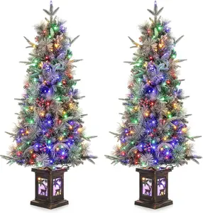 GARVEE 4.5 FT Prelit Premium Snow Flocked Artificial Christmas Tree With 8 Mode Warm White LED, Mini Prelit Xmas Pine Tree for Christmas Decoration,Yard,Home,Office,Outdoor,Indoor, Black Base-2PCS