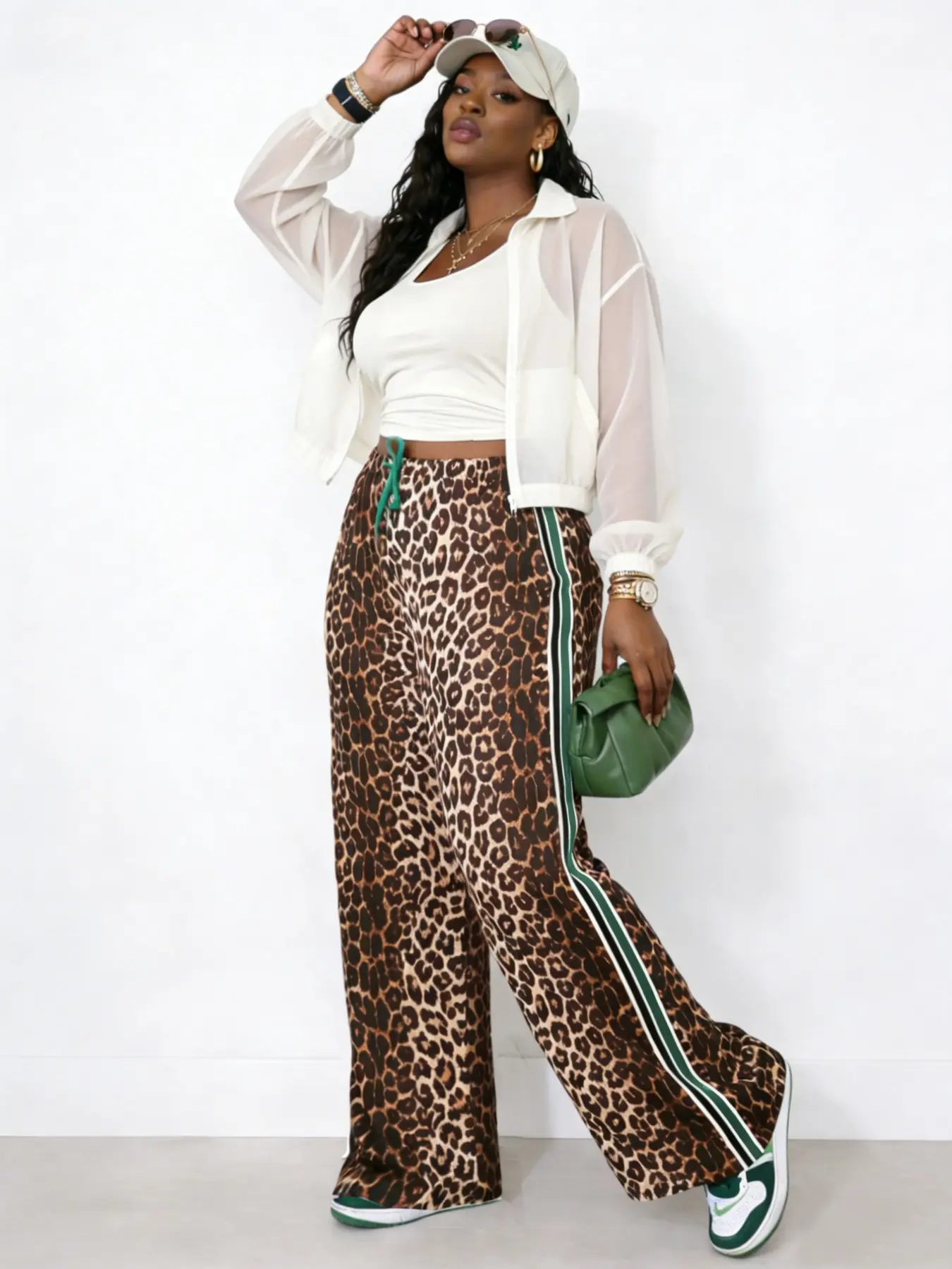 Leopard Print Side Stripe Wide Leg Stretchy Pants