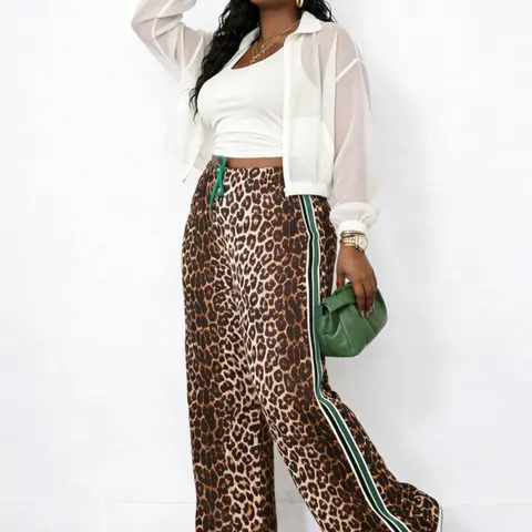 Women's Leopard Print Side Stripe Wide Leg Stretchy Casual Pants Bottom