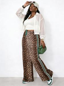 leopard side stripe wide leg pants, chic