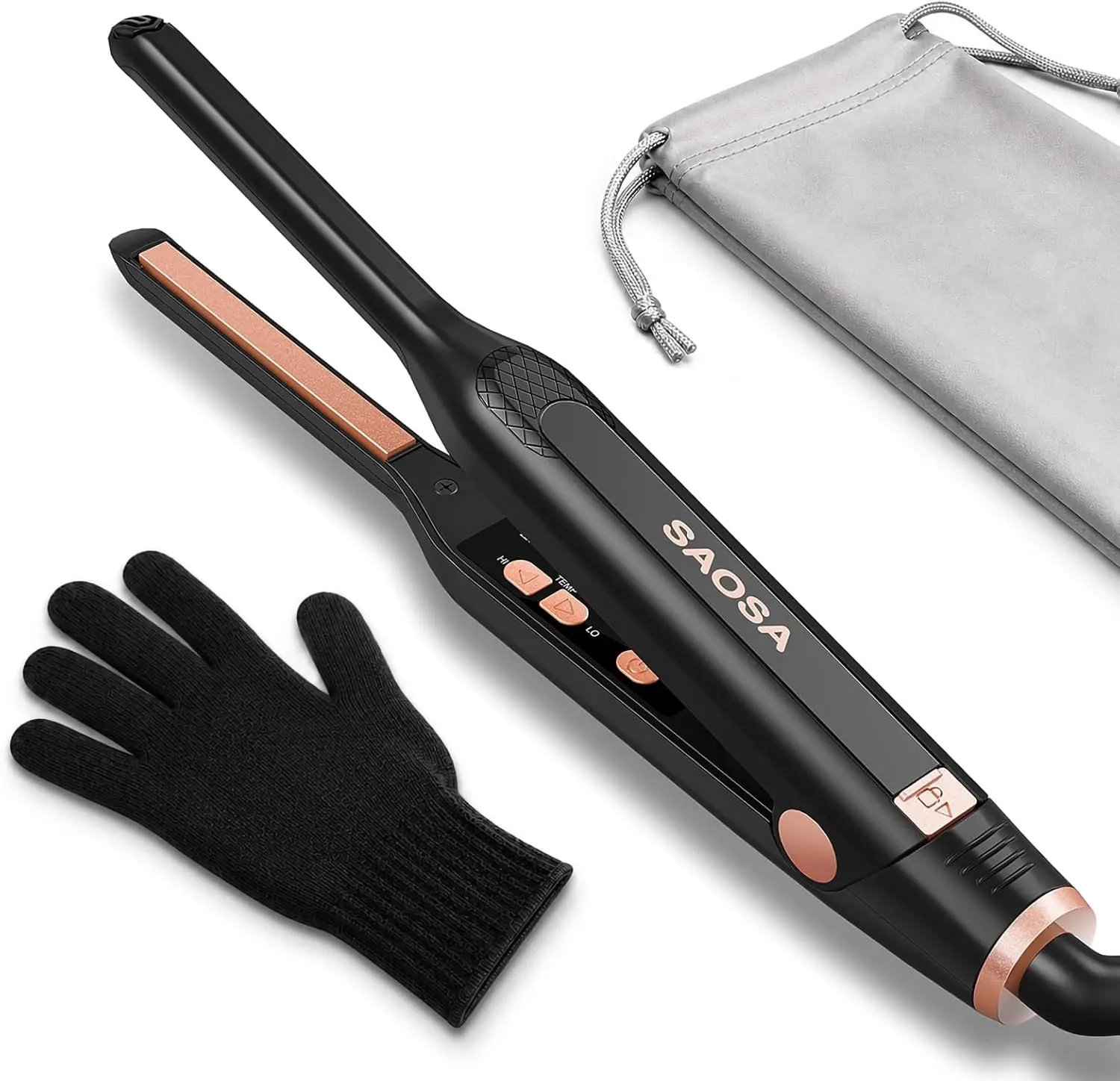 SAOSA Mini Pencil Flat Iron for Short Hair - 0.3" Ultra-Thin Hair Straightener & Curler, 9 Temp (190°F-430°F), Ceramic Tourmaline, Fast 30s Heat Up, Travel Kit with Pouch & Glove, Dual Volt(Rose Gold)