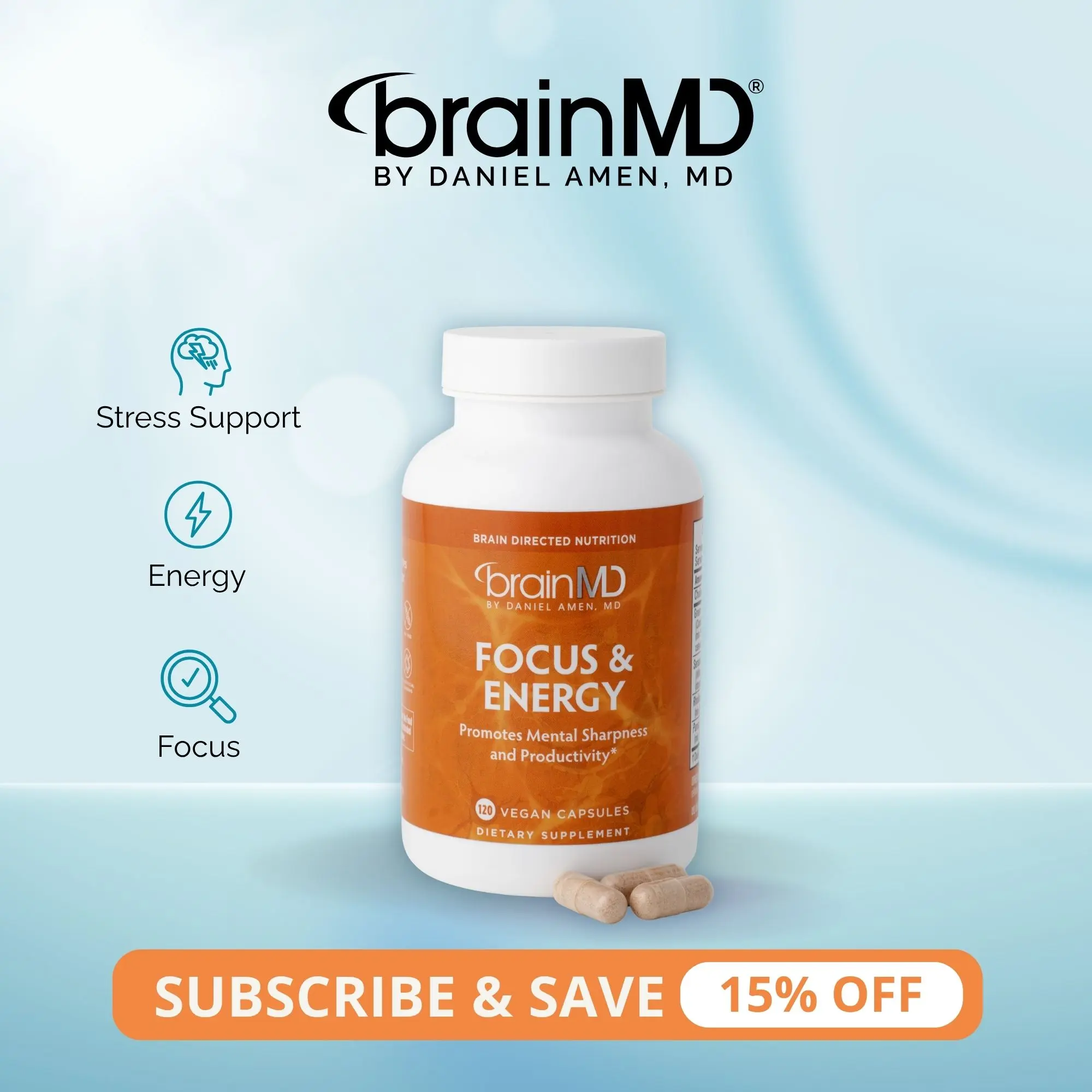 Focus & Energy | BrainMD | 120 Capsules | Focus & Mental Energy Support | Stress Resilience & Alertness Support | Sensoril Ashwagandha, Rhodiola & Ginseng