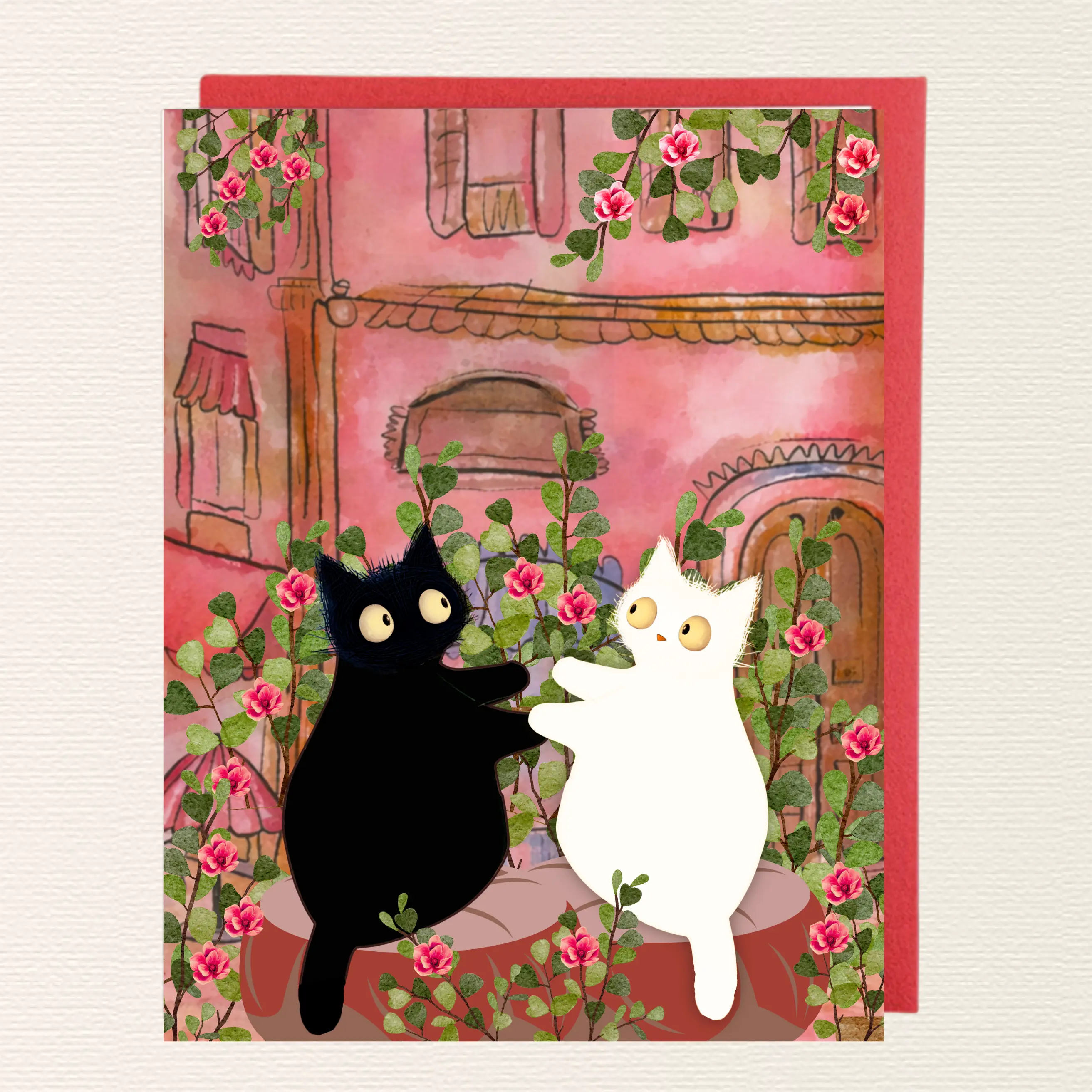 Floral Cat Valentine’s Day Card | Black & White Cat Love Card with Flowers | Romantic Cat Illustration | A2 Greeting Card