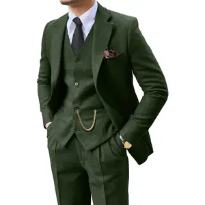 Retro 3 Piece Suit Tweed Herringbone Men's Suits Slim Fit Groom Tuxedos Set Prom Brown Grey Jacket Blazer Vest Pants