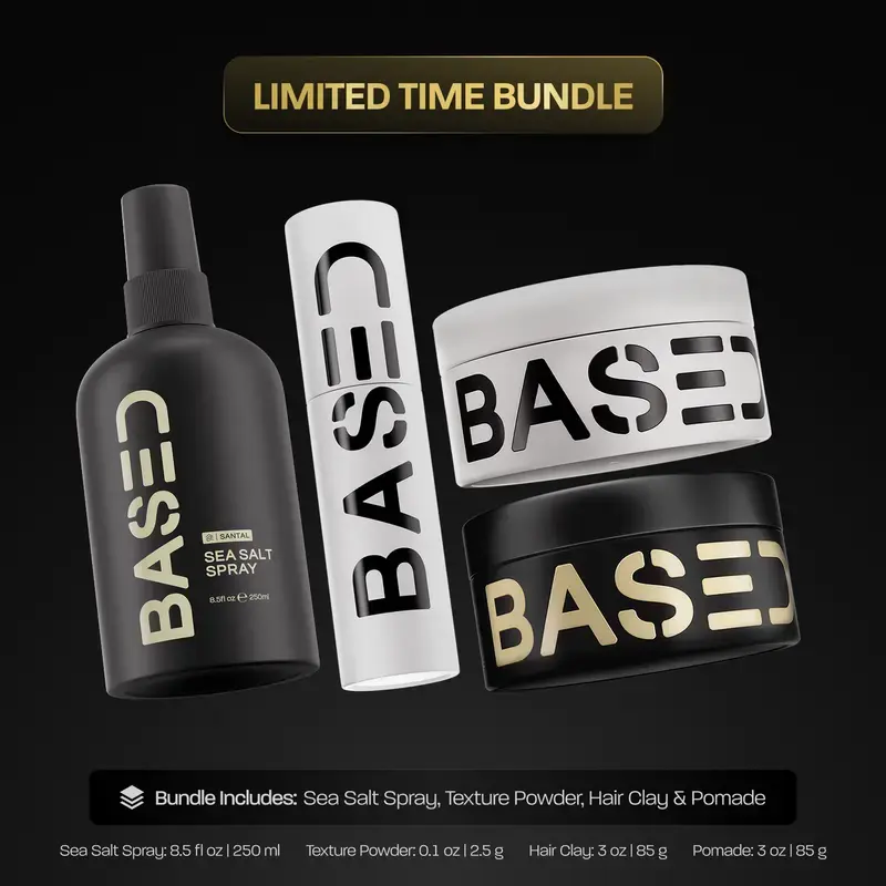 BASED Straight & Wavy Hair Styling Kit, Includes Texturizing Powder, Hair Clay, Pomade & Sea Salt Spray, Lab‑Validated Styling Formulas