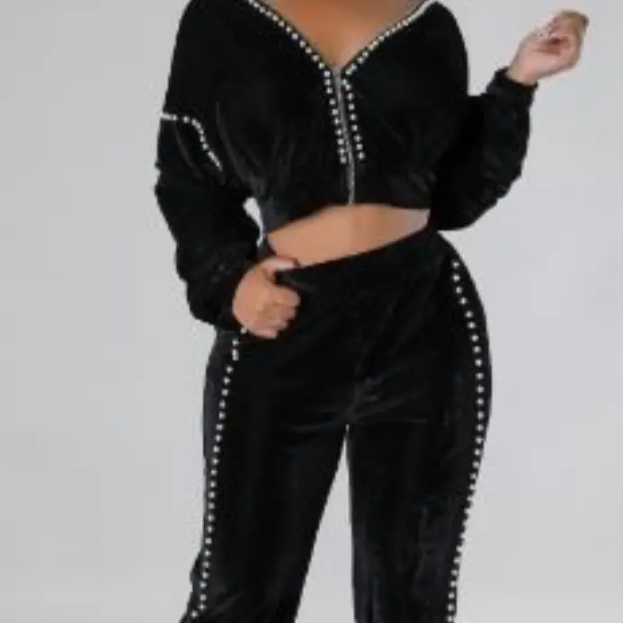 Jogger with Pearl Set - Black Long Sleeve Top & Matching Pants - Womenswear