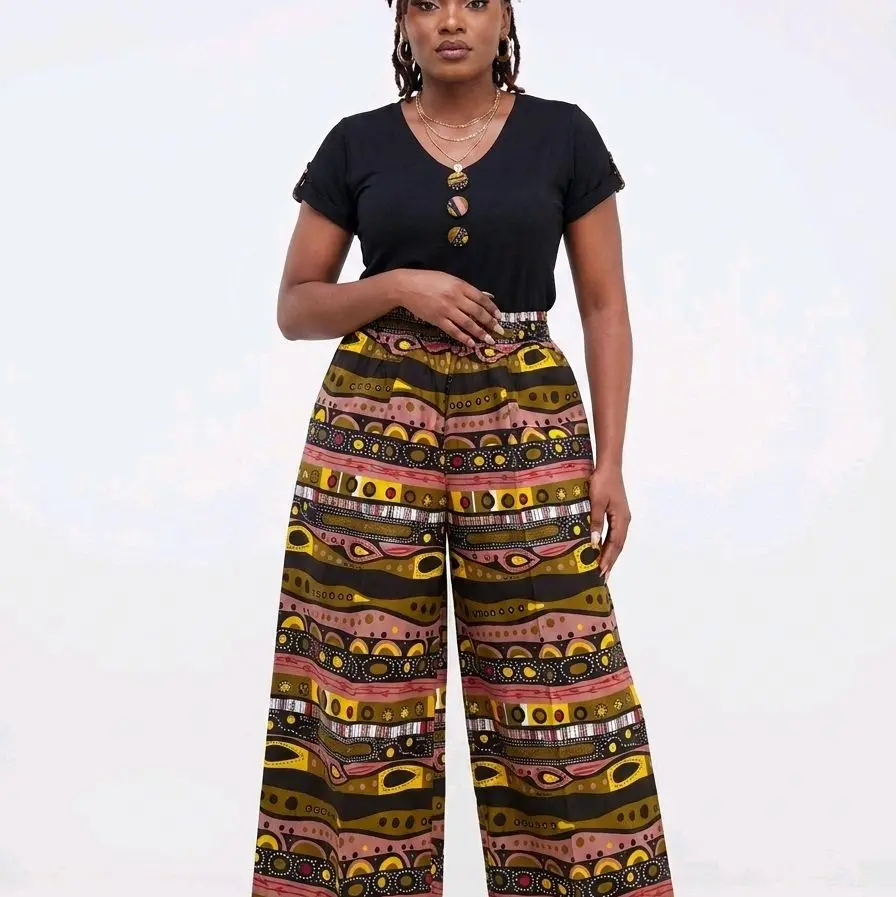 Two-Piece Set with Spandex Top and Extra-Wide Leg Pants for Women, 100% cotton Ankara print