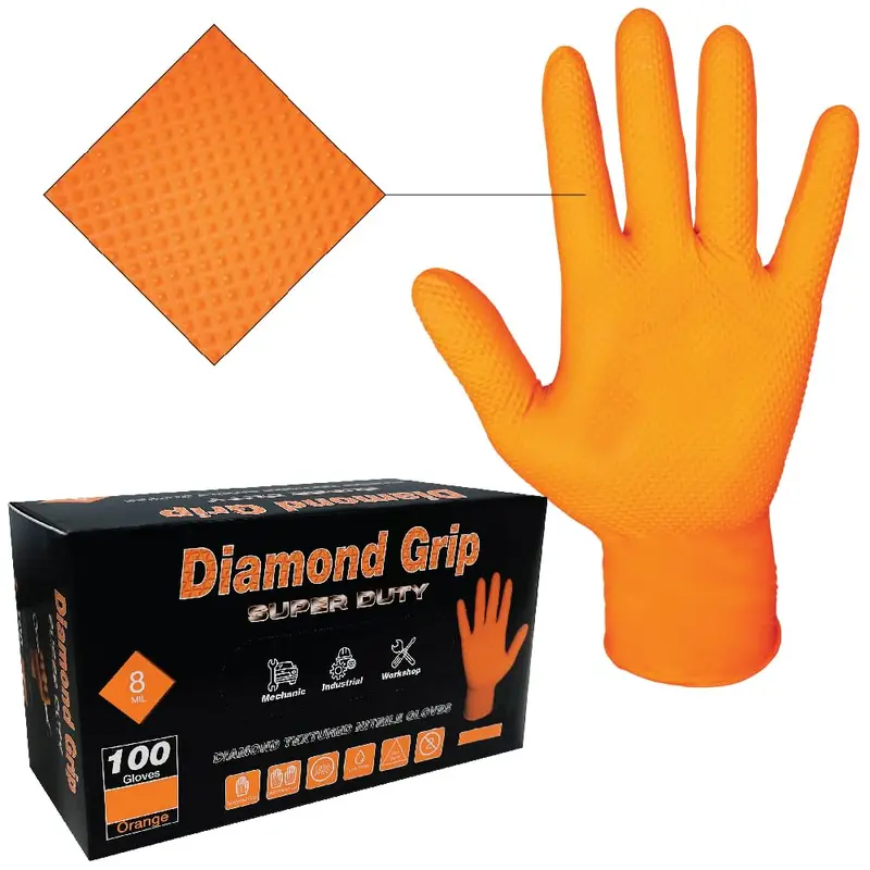 Nitrile Disposable Gloves - 8-mil Thick Heavy Duty Orange Industrial Cleaning Gloves, Raised Diamond Grip, Comfortable, Latex-Free, Powder-Free, 100-Count Box