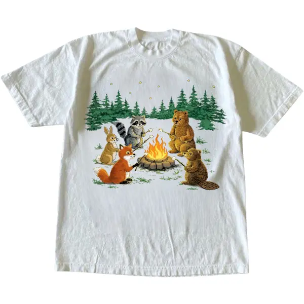 Unisex Woodland Creatures Forest Animal Vintage Graphic T-Shirt, Casual Cotton Crewneck Short-Sleeve Top, S-3XL Menswear & Womenswear Streetwear