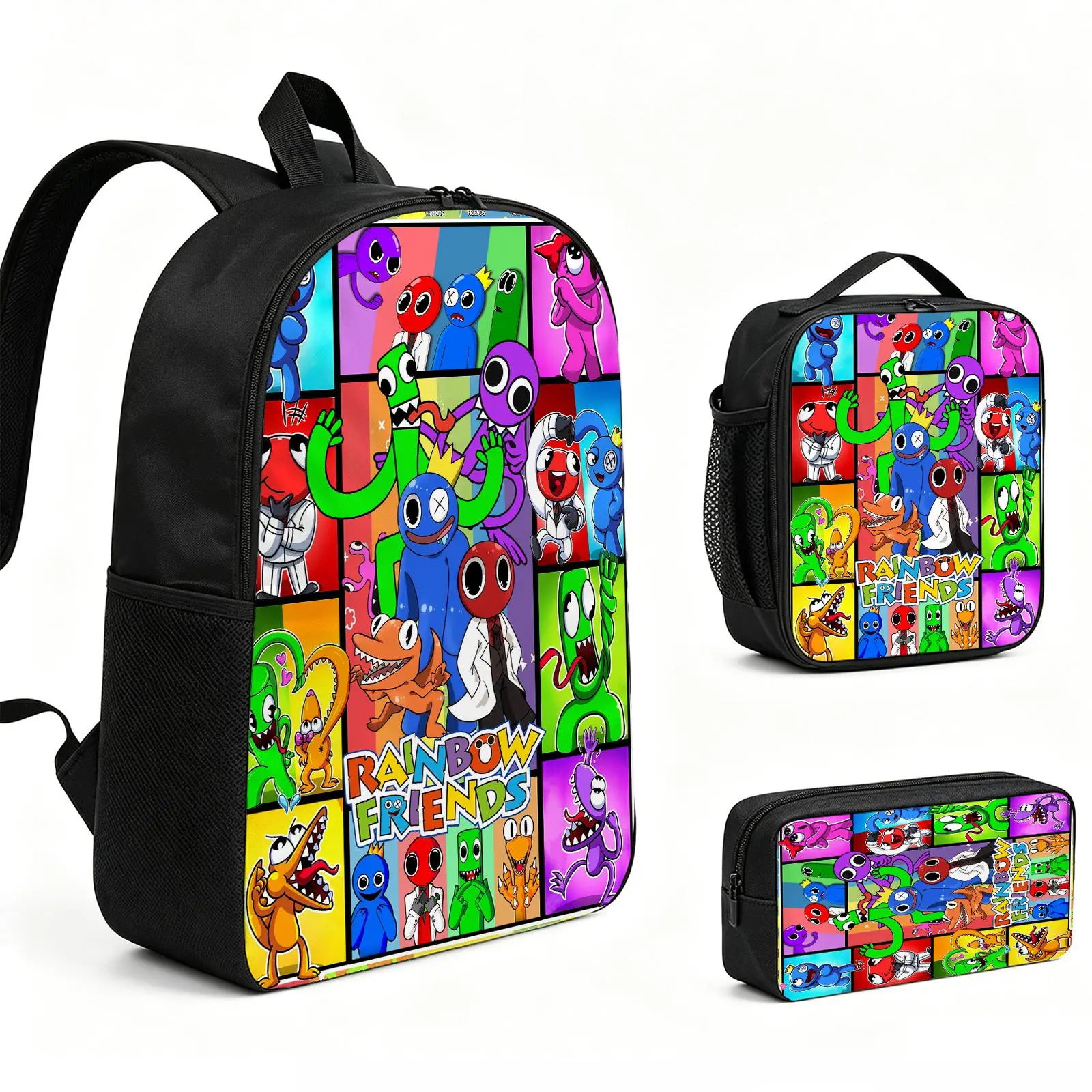 Rainbow Friends 3pcs Graphic Backpack Set, Adjustable Comfy & Organized Durable School Bookbag with Insulated Lunch Tote, Pencil Bag, Casual Holiday Laptop Travel Daypack Gift for Teens L-228