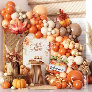 Fall Balloons Garland Arch Kit, 145Pcs Orange BrownTwilight white Gold Balloons with Maple leaf pumpkin pine cones Mylar Balloon for Hello A Little Pumpkin Baby Shower Autumn Birthday