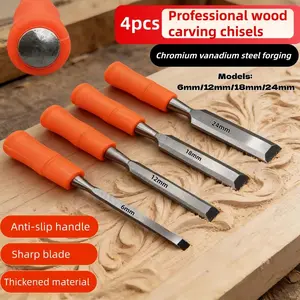 Plastic Handle Woodworking Chisel Set, High Carbon Steel Sharp Flat Chisels, Hammerable DIY Craft Tools, Four Piece Kit