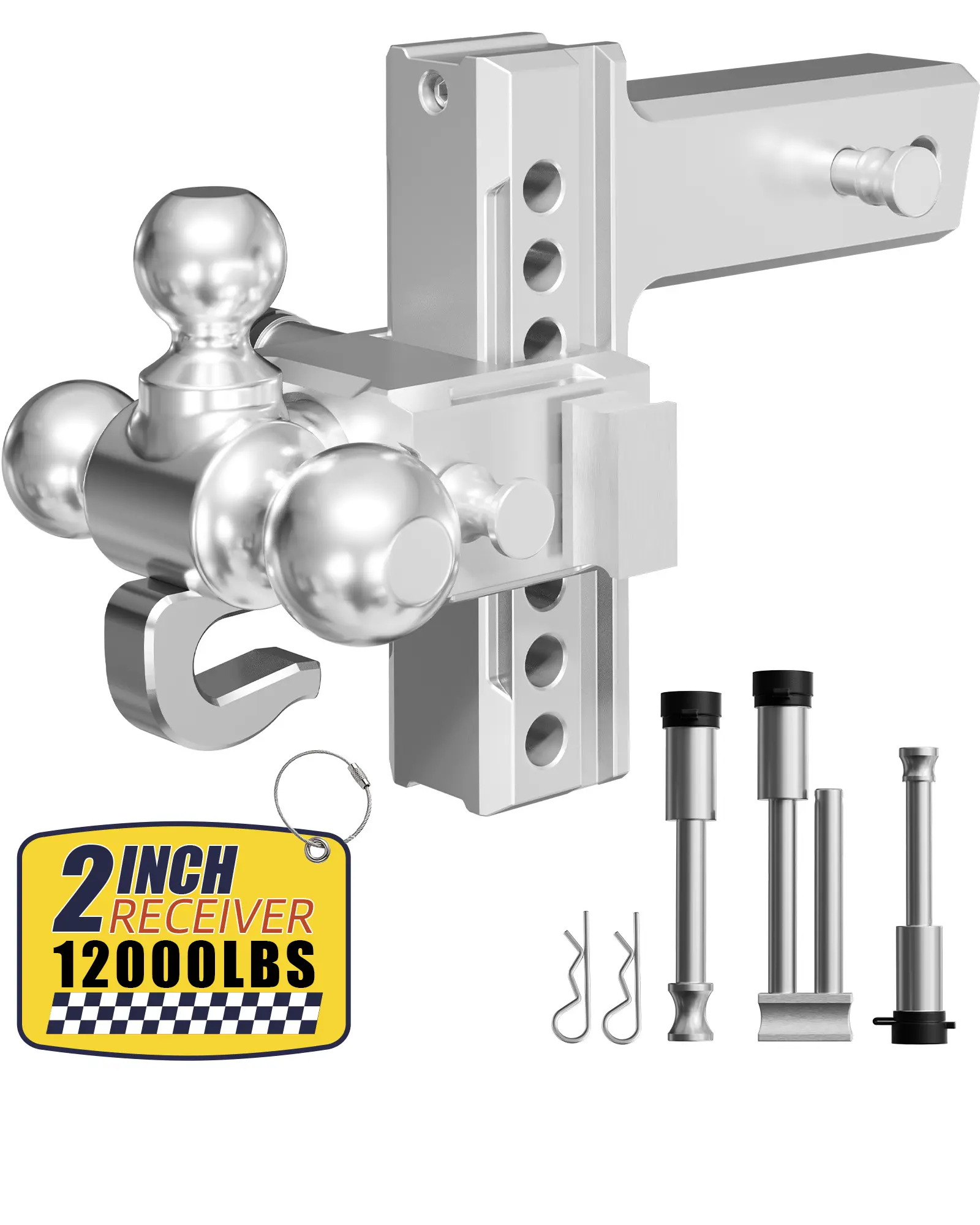 Adjustable Trailer Hitch - Fits 2" Receiver, Tri-Ball Mount & Hook (1-7/8", 2" & 2-5/16"), 6" Drop/Rise Tow Hitch, Aluminum Heavy Duty Truck Hitches for Trailer, 10,000 LBS GTW, Slivery