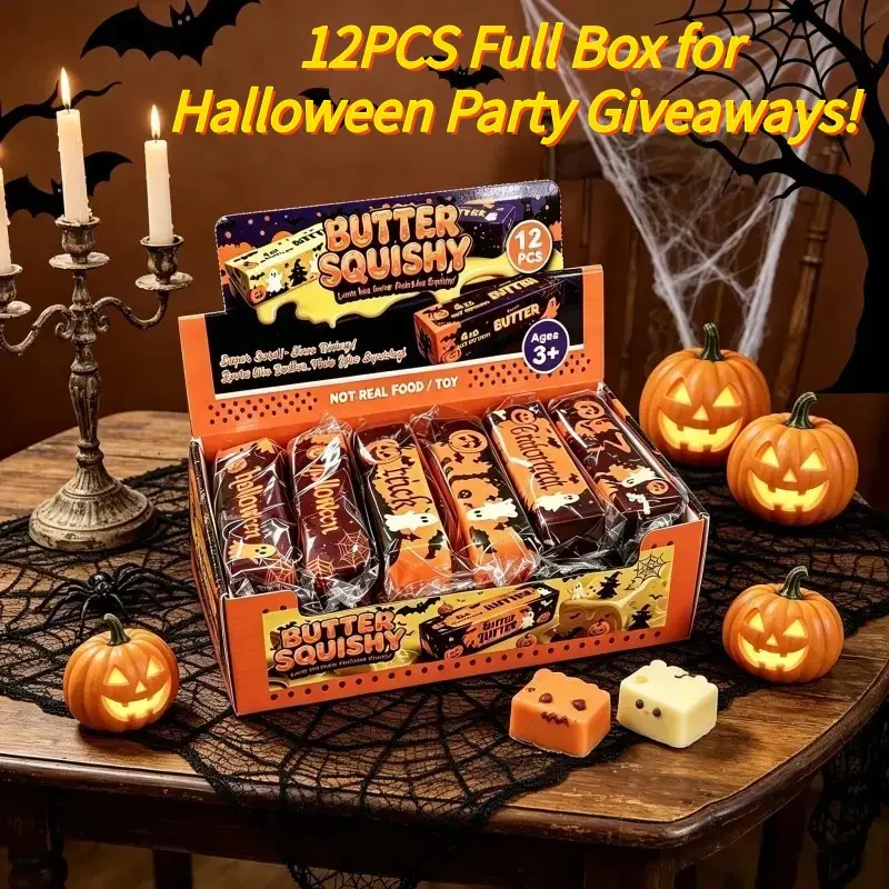 12pcs Halloween Trick or Treat Squishy Butter Sticks, Spooky Pumpkin Ghost Bat Pattern Slow Rising PU Toy, Portable Stress Relief Squeeze Fidget Toy, Soft Sensory Toy, Perfect Party Favors, Tabletop Ornament, Novelty Gift for Kids & Adults