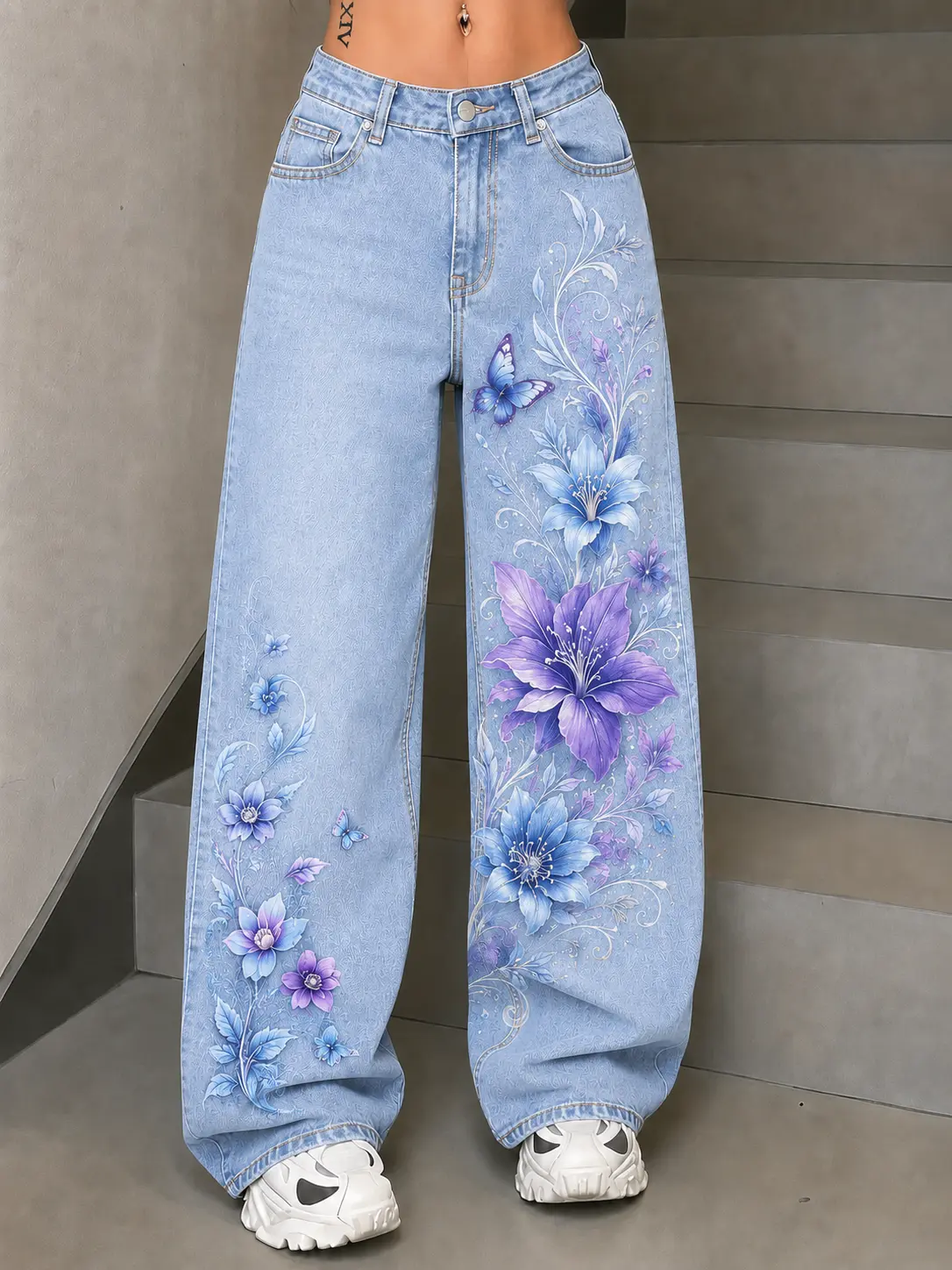 Women’s Y2K Floral Graphic Wide Leg Jeans High Waisted Baggy Denim Pants Vintage Streetwear Loose Fit Jeans with Butterfly Flower Print Artistic Design Aesthetic Fairycore Style Casual Trousers Trendy Everyday Fashion Outfit for Teen Girls