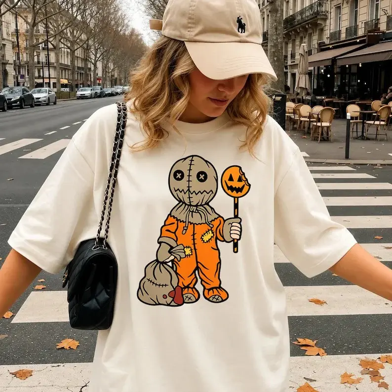 Sam Trick r Treat T-Shirt, Horror Movie Character Graphic Tee, Cult Classic Halloween Sweatshirt, Spooky Burlap Sack Mask