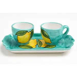 Sorrento Ceramic Espresso Cup Set with Tray – Lemon Design (Turquoise, Handmade in Italy)