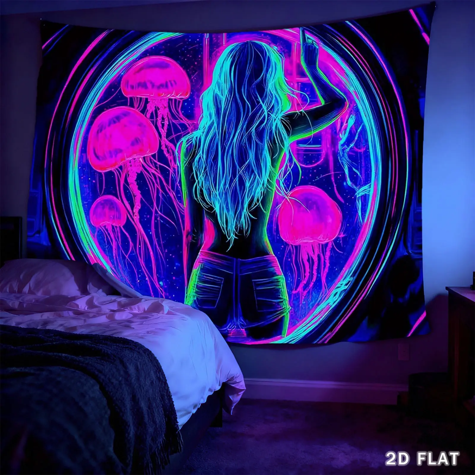 2D Flat, 1pc Neon Design Jellyfish, Tapestries Wall Hanging, Home Decor And Wall Art, 60x40Inch Tapestry, Wall Hanging Decor, Gift for Friends