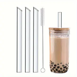 3pcs High Borosilicate Glass Durable Reusable Straw with Cleaning Brush, 7.87'' x 12mm Wide Smoothie Straw for Bubble Tea Milkshakes Drinking, Glass Straw Drinkware, Bar Accessories, Party Supplies, Kitchen Accessories