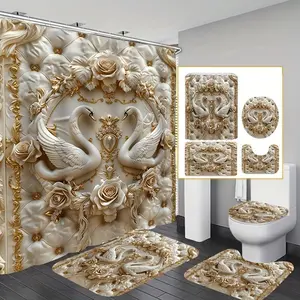 Swan Pattern Bathroom Decorations, 4 Counts/set Including Shower Curtain & Toilet Lid Cover & Mat & U-shaped Mat, Restroom Bathroom Accessories