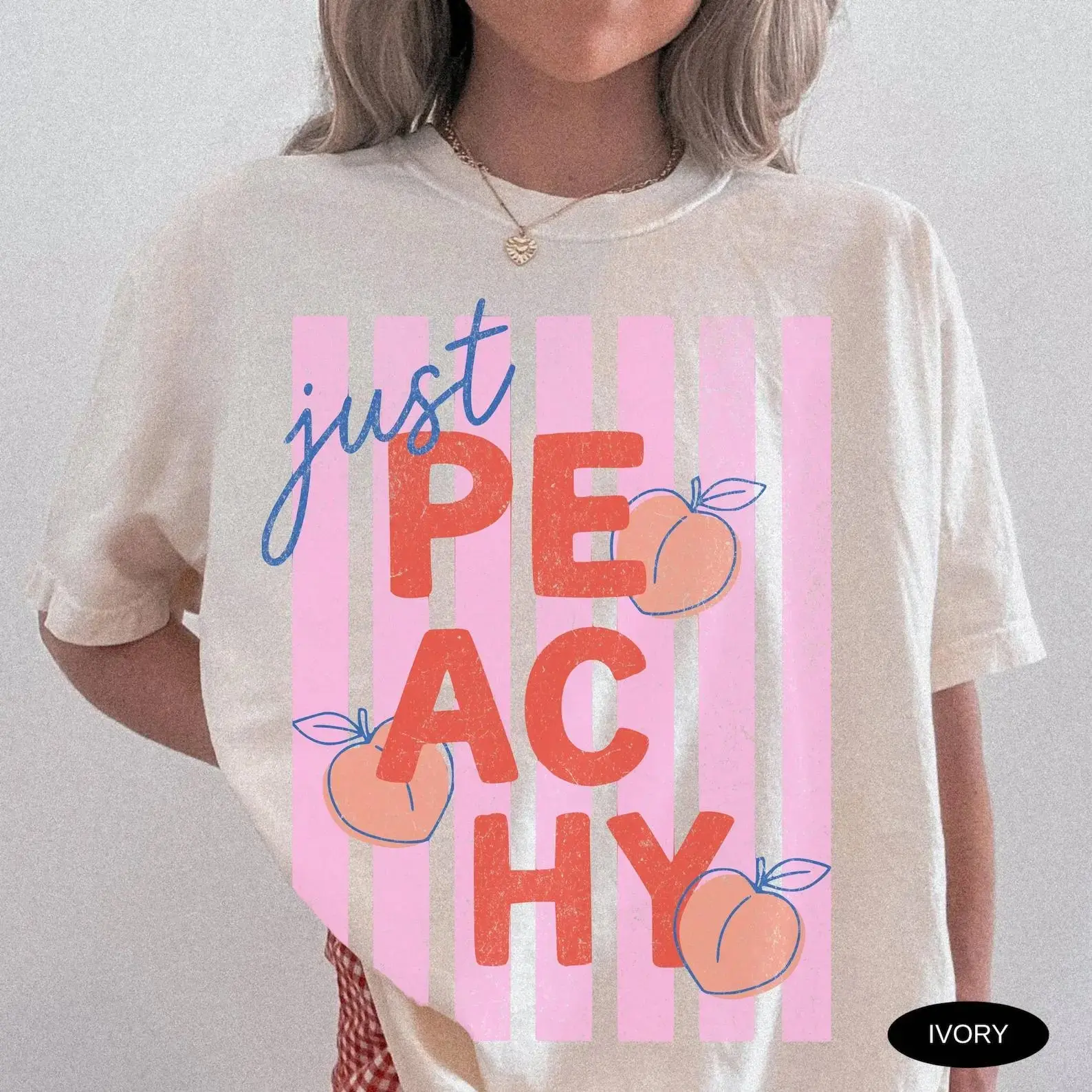 Comfort Colors Just Peachy Graphic T-Shirt, Retro Peach Fruit Tee, Cute Summer Food Pun Shirt, Vintage Aesthetic Top