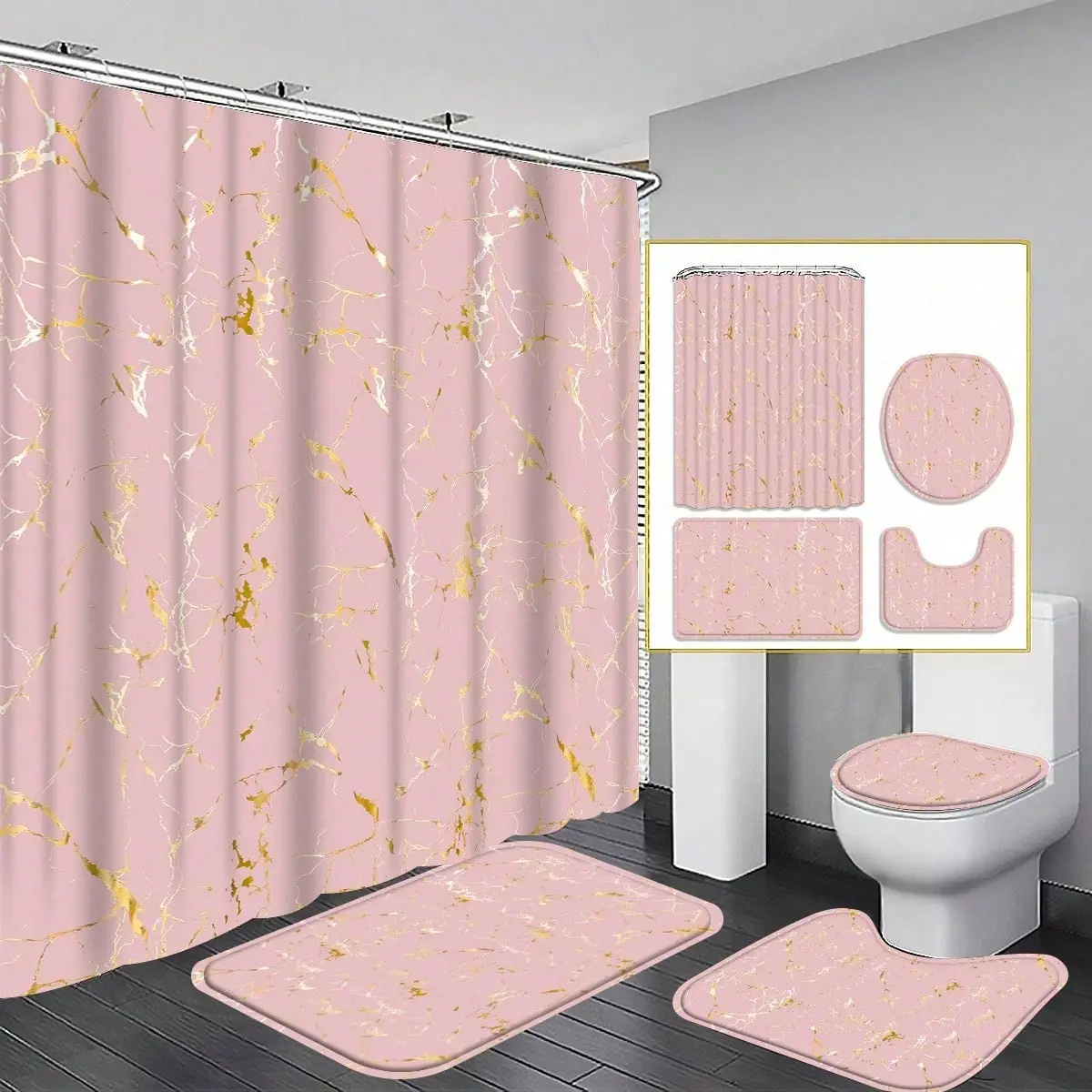 Pink Gold Marble Bathroom Set: 4-Piece Shower Curtain Set For A Luxurious Bathroom Style, 4 Shower Curtains With Shower Curtain And Rug, Polyester Machine Washable For Bathroom Or Shower Décor, Equipped With 12 Hooks, Non-Slip Bathroom Mat