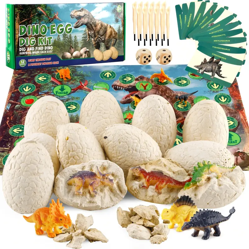 Dinosaur Egg Dig Kit for Kids, 12 Excavation Eggs with Dinosaur Figures, Digging Tools and Activity Mat, Hands-On STEM Discovery Set for Birthday Parties and Family Activities