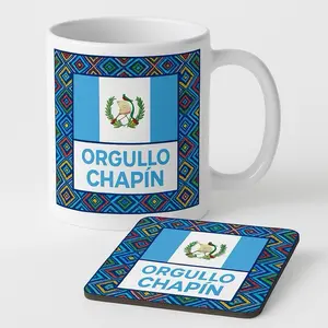 Orgullo Chapín Gift Set Mug Coasters Keychain with Flag Design and Colorful Patterns