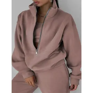 Plus Size Casual Solid Color Pants Set, Zipper Long Sleeve Sweatshirt & Pants Outfits For Fall & Winter, Women's Plus Size Clothing