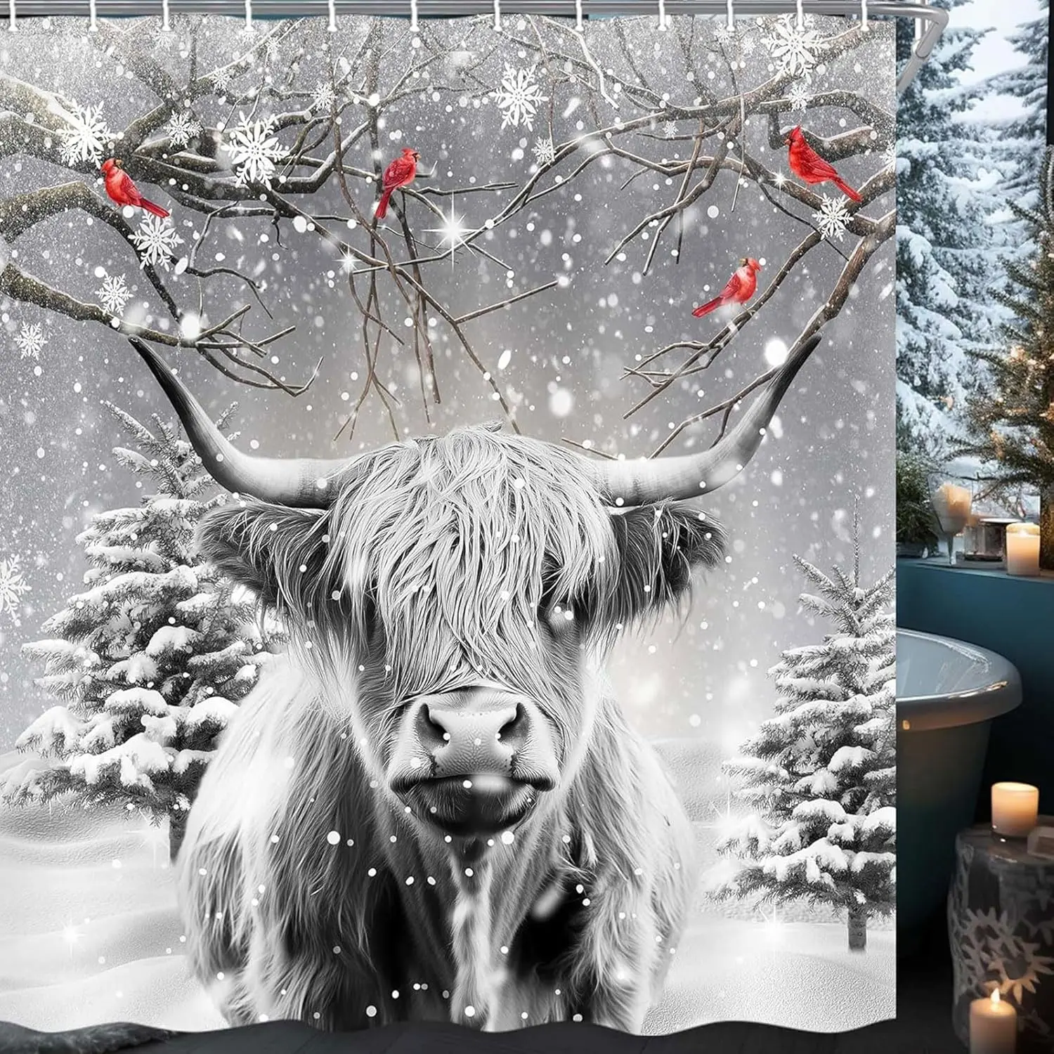 Winter Christmas Shower Curtain, Grey Winter Snowflake Pine Tree Western Cow Fabric Shower Curtains Set for Bathroom, Polyester Cute Gray Restroom Decor Accessories with Hooks 72X 72 inch
