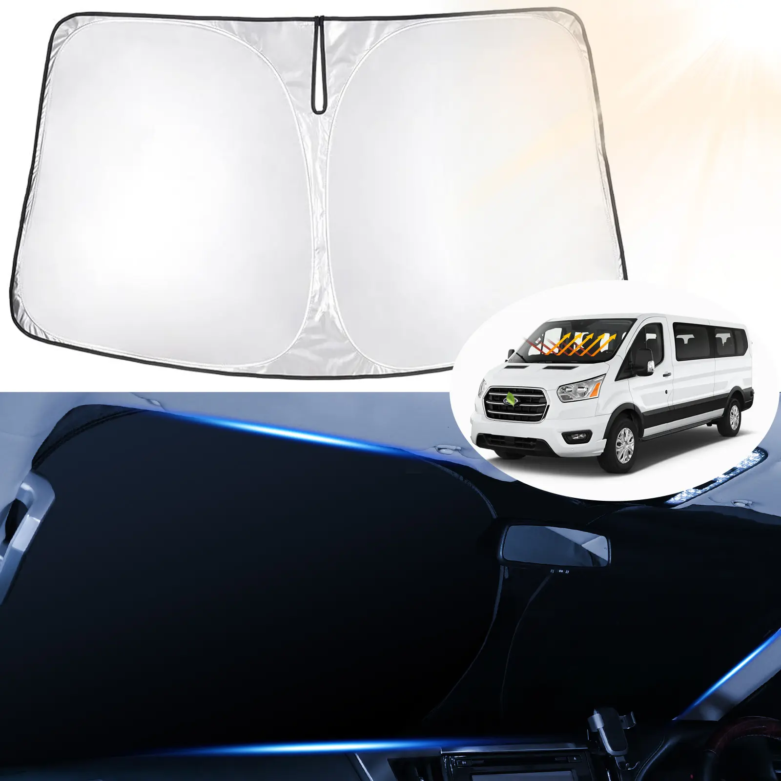 Canvcle Custom Fit Car Window Shade for 2015-2026 Ford Transit Wagon XL/XLT, Cargo Vehicle, Connect Van XL - Durable Shade Device Front Window, 5-Layer 240T Material, Blocks 99% of UV Rays, Foldable Visor, Easy Installation & Storage, Faster AC Cooling