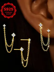 Classic Women's Earrings S925 Sterling Silver Synthetic Zircon Four-Flower Chain Studs, Artificial Zirconia Earrings, Elegant Fashion Anti-Allergy Jewelry Gift