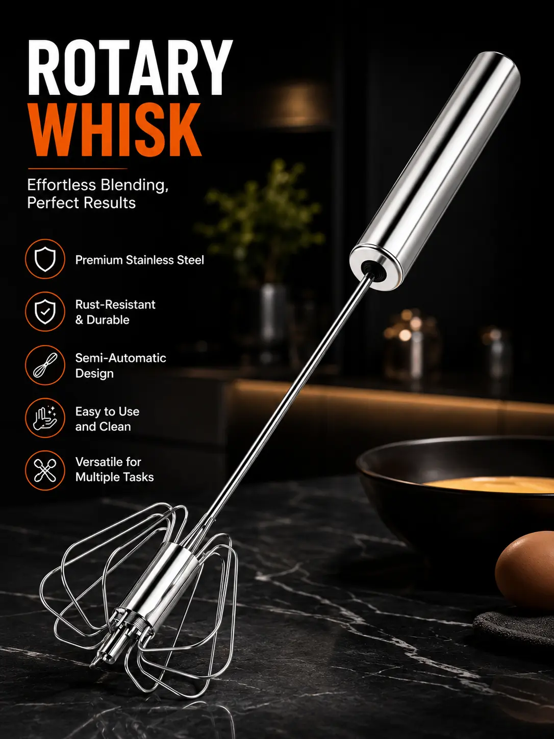 Stainless Steel Hand-Push Rotary Whisk Food-Grade Rust-Resistant Sturdy Riveted Construction Semi-Automatic Design Versatile for Cooking Blending Whisking Beating and Stirring Tasks Easy to Clean