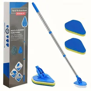 Expandable 2-In-1 Bathroom Cleaning Brush Set, Multipurpose Cleaning Tool, Stainless Steel Handle & Sponge Heads, Long Reach Tool for Bathtub Floor Pool, Scrubbing Stick