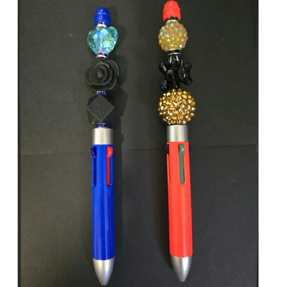 Set of 2 Beaded Pens, Decorative Ballpoint Pens for Daily Writing, Office & School Supplies, Four Color Pen With Two Replacement Black Ink Cartridges