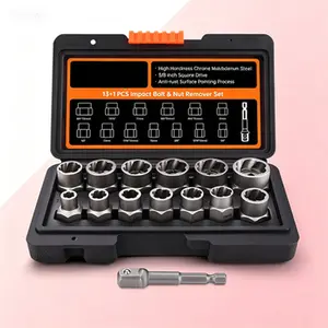 Professional Screw & Bolt Removal Tool Kit 14-Piece, Stripped Bolt Extractor Set for Impact Wrench, Hex Drive Easy Out Remover for Rusted, Frozen, Damaged, Rounded-Off Fasteners, Cr-Mo Steel, Reusable Traction Socket
